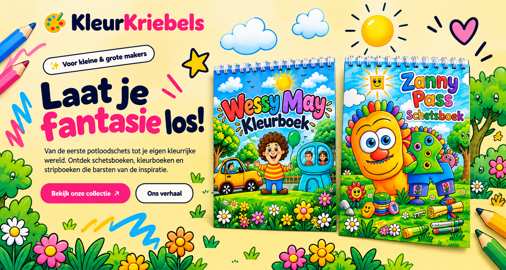 KleurKriebels illustratie met vrolijke bloemen, kleurpotloden, wolken en de Wessy May en Zanny Pass boeken